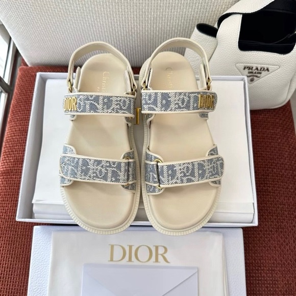 Dior Cream and Blue Logo Sandals - Picture 1 of 5